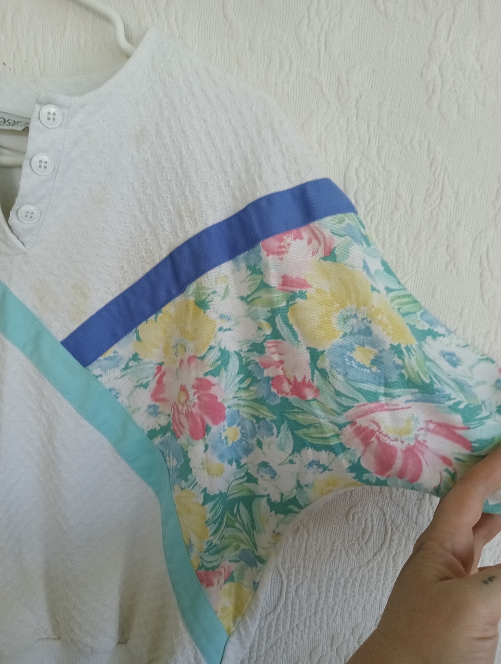 Koret White Floral Panel Colorblock Sweater Vintage Pastel Pink Blue Textured LG - Picture 7 of 12